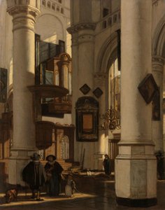 Interiör av en protestantisk, gotisk kyrka, med en gravgrävare i kören Interiör av en protestantisk gotisk kyrka med motiv från de gamla och nya kyrkorna i Amsterdam
