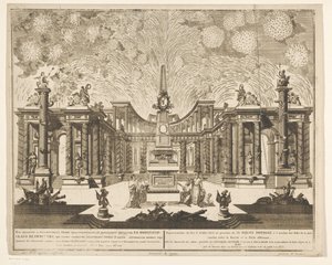 Vuurwerk in Moskou bij de viering van het einde van de Russisch-Turkse Oorlog, 1775 (akt III) Representation of Fireworks, avfyrad i närvaro av Hans kejserliga majestät i samband med firandet av freden mellan Ryssland och den osmanska porten (serie av Emel