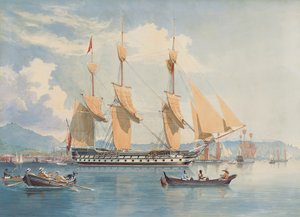 HMS Ganges ligger för ankare och torkar hennes segel utanför Rio de Janeiro