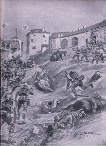 Aschaffenberg 2:a bayerska jägarebataljonen i Lagarde augusti 1914, från puben The Illustrated History of the World War 1914-1915 pub. av Union Berlagsefellfchaft av Emil (after) Limmer