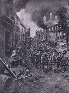 Tyska truppers invasion av Brest-Litowski, från puben The Illustrated History of the World War 1914-1915 pub. av Union Berlagsefellfchaft av Emil (after) Limmer