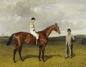 "Mimi" med Rickaby uppe med sin tränare, Mr Matthew Dawson av Emil Adam
