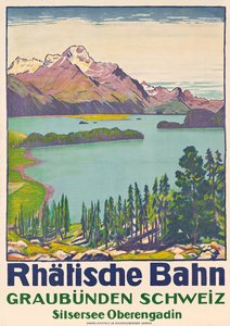 Affischreklam för resa till Graubunden av det schweiziska företaget "Rhaetian Railway"