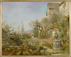 Blumengarten i Weissenkirchen - Trädgård med blommor i Weissenkirchen ... (olja på trä)