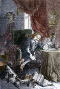 Porträtt av den franske författaren Paul Scarron (1610-1660) författare till burleska komedier, han är representerad på en invalid stol, hans fru Francoise d