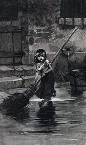 Scen från Les Miserables, av Victor Hugo: Cosette svepande (gravyr)