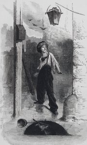 Scen från Les Miserables, av Victor Hugo: Gavroche (gravyr)