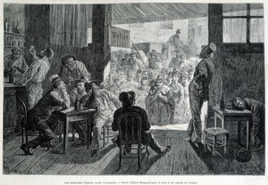 En grupp kvinnor framför en bar, förbjudna för kvinnor, sjunger psalmer till fyllon mot alkoholism av Emile Antoine Bayard