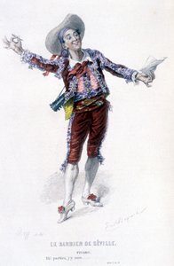 Komplett verk av Beaumarchais (1732-1799) av Edouard Fournier. teckning av Emile Bayard. Ed. Laplace, Sanchez et Cie, Paris 1876. Det här är Figaro i "Barberaren i Sevilla" av Emile Antoine Bayard