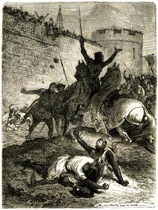 Korståg mot Albigeois - Siege of Toulouse, 25 juni 1218. Simon de Montforts bror har precis blivit skadad av en pil, Simon de Montfort själv kommer att dödas av en boll av katapultkast, sägs det, av en av kvinnorna av Toulouse som är av Emile Antoine Bayard