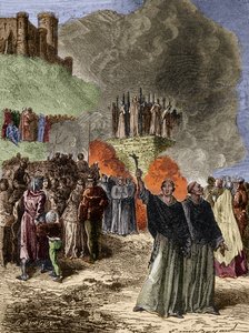 Korståg mot Albigeois - Montsegurs (Cathare) sista försvarare brändes på slaktaren 1244 - Gravyr av Emile Bayard efter G. Burgun av Emile Antoine Bayard