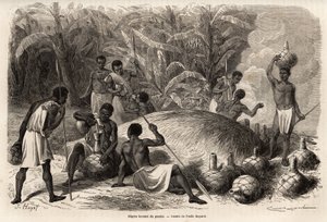 Degustation av pombe (alkoholhaltig dryck genom jäsning) i Karague (väster om Victoriasjön, i nuvarande Zimbabwe), teckning av Emile Bayard (1837-1891), som illustrerar kapten Spekes upptäcktsresa i Afrika 1860-1863. Gravyr i av Emile Antoine Bayard