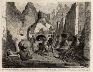 Upptäckt av en bagerugn och konserverat bröd i ask under utgrävningarna 1864 i Pompei, teckning av Emile Bayard (1837-1891), för att illustrera Marc Monniers text (1829-1885) "" Pompei och Pompeierna"". Gravyr i "" Le tour du monde", redigerad av av Emile Antoine Bayard