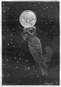 Gravyr (av Emile Bayard) av Jules Vernes bok "Around the Moon" (Hetzel edition/Voyages extraordinaire 1870): beskrivning av månen ritad med en ung kvinnokropp (text av J. Verne): "... fylld yta, sprucken, en riktig skummare, värdig u