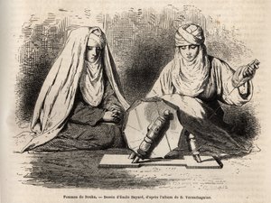 Femmes de Boukhara (Uzbekistan), som arbetar på deras arbete att spinna, gravering efter en teckning av Emile Bayard, för att illustrera Basile Vereschaguines resa in i Centralasien 1867-1868, publicerad i "" Le tour du monde"" 1873, redigerad av Edouard C av Emile Antoine Bayard
