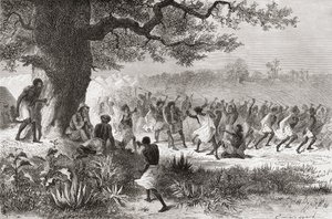 Henry Morton Stanley tittar på Vouagogos-stammen som förbereder sig för strid under sin expedition 1871, illustration från 