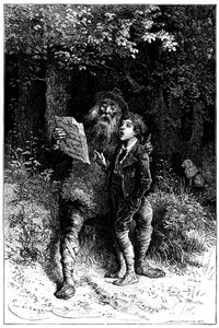 Illustration av Emile Bayard till romanen av Hector Malot "" Sans Famille ": Remi sjunger med Monsieur Vitalis, resande artist - gatumusiker, saltimbank - Edition Hetzel 1880 - av Emile Antoine Bayard