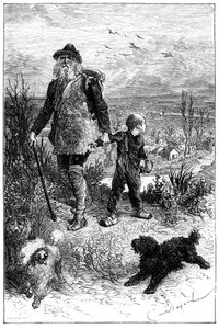 Illustration av Emile Bayard till Hector Malots roman "Utan familj": Remi lämnar Monsieur Vitalis, resande konstnär och hans lärda djur, de tre hundarna Capi, Zerbino och Dolce - Edition Hetzel 1880 - av Emile Antoine Bayard
