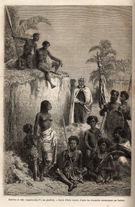 Kamehameha I (ca. 1758-1819), kung av Hawaiiöarna och grundare av deras enhet, omgiven av Hawaiikrigare och några undersåtar i Honolulu, gravyr efter teckning av Emile Bayard, som illustrerar resan till Sandwichöarna, 1855-69, av C av Emile Antoine Bayard