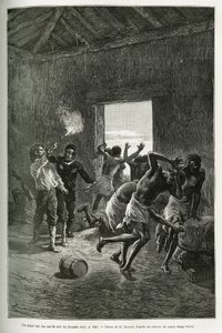 Major Serpa Pinto sköt mot byns hövding eller slutade för att han krävde ännu mer konjak i utbyte mot sin gästfrihet. Gravyr av Emile Bayard, för att illustrera berättelsen om hur jag har korsat Afrika, från Atlanten till Indiska oceanen, av Majo av Emile Antoine Bayard