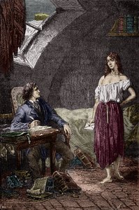 Marius och Eponine, äldre dotter till Thenardiererna och förälskade i Marius Illustration av romanen "Les Miserables" av Victor Hugo (1802-1885) Illustration av Emile Bayard - (Eponine Thenardier (Jondrette flicka) och Marius) Gravyr Privat samling