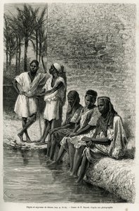 Negrer och negrer i Sahara, på stranden av Oued Rihr. Gravyr av E.Bayard, för att illustrera Algeriska Sahara, av V.Largeau, 1874-1878, publicerad i Tour du monde, under ledning av Edouard Charton (1807-1890) av Emile Antoine Bayard