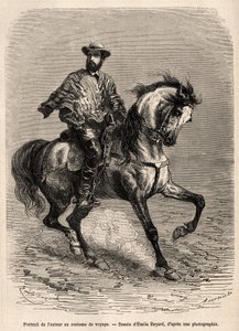 Porträtt av författaren, på sitt fäste, iklädd sin resedräkt, graverad efter en teckning av Emile Bayard som illustrerar historien om öknen Acatama och Caracoles (Sydamerika), av ingenjör A.Bresson, 1870-1874, publicerad i " ” Le tour du monde av Emile Antoine Bayard
