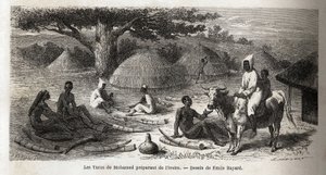 Beredning av elfenben, för en turkisk handlare, Uganda, teckning av Emile Bayard (1837-1891), som illustrerar kapten Spekes upptäcktsresa i Afrika från 1860 till 1863. Gravyr i "" Le tour du monde", redigerad av Edouard Charton av Emile Antoine Bayard