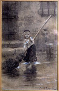 Representation av Cosette, svepande barfota. Illustration till "The Miserables" av Victor Hugo (1802-1885) av Emile Bayard (1837-1891) 1800-talet. Paris, Maison Victor Hugo