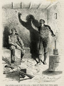 Sir Henri Morton Stanley (1841-1904) och Franck Pock, hans utforskningskamrat, bestämde sig för en hög eller ansikte av resvägen, ritade av Emile Bayard, för att illustrera berättelsen "Genom den mystiska kontinenten"" (Ekvatorialafrika), en resa c av Emile Antoine Bayard