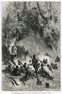 Sir Henri Morton Stanley (1841-1904) mitt bland badgästerna i Karagoue-regionen (Kamerun), som kastar sig ner i den varma och medicinska vattenbassängen i Mtagata-ravinen, ritad av Emile Bayard, för att illustrera historien "Genom det mystiska Kontinenten” av Emile Antoine Bayard