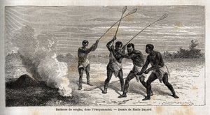 Sorghum-trummisar, i ounyamoezi (regionen vid de stora sjöarna, Afrika), teckning av Emile Bayard (1837-1891), som illustrerar kapten Spekes upptäcktsresa i Afrika från 1860 till 1863. Gravyr i "" Le tour du monde"", redigerad av Edouard Charton av Emile Antoine Bayard