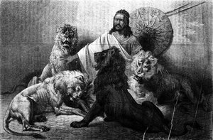 Kejsaren (ras) Theodoros av Abessinien omgiven av sina lejon. gravyr från hälften av 1800-talet. Illustration av Emile Bayard. av Emile Antoine Bayard