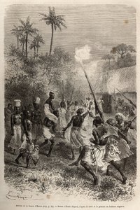 Ankomsten av Hamis fästmö till byn Hara (Zambia), califourchon på en mans axel, åtföljd av ett dussin anhängare som var och en bär en liten korg med proviant på huvudet, etsat efter en teckning av Emile Bayard, som illustrerar David Livingstone av Emile Antoine Bayard