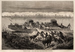 Korsningen av Yenisseifloden (Ryssland), teckning av Emile Bayard (1837-1891) för att illustrera resan från Shanghai till Moskva, från 1859 till 1862, av M. de Bourboulon, Frankrikes minister till Kina. Gravyr i "" Le tour du monde", redigerad av Edouard C av Emile Antoine Bayard
