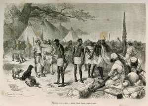Expeditionens fräcka bärare satt i kedjan, teckning av Emile Bayard, för att illustrera historien: Across Africa, from Zanzibar (Tanzania) till Benguela (Angola), från 1872 till 1876, av löjtnant V.H.Cameron. Gravyr i Le tour du monde av Emile Antoine Bayard