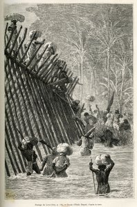 Passagen av floden Lovoi (eller djävulens flod) (Katanga-regionen, Kongo) av expeditionen, teckning av Emile Bayard, för att illustrera resan genom Afrika, från Zanzibar (Tanzania) till Benguela (Angola), från 1873 till 1876 , av den brittiske befälhavaren av Emile Antoine Bayard