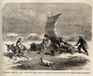 Segelskottkärran, förflyttningssystem som används i norra Kina, teckning av E.Bayard, som illustrerar resan från Shanghai till Moskva av Emile Antoine Bayard