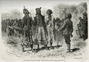 De tre dirigenterna (eller sovaerna), prinsarna av Dombe (Angola), och deras svit av musiker och hovman, kommer för att träffa upptäcktsresanden S.Pinto. Gravyr av Emile Bayard, för att illustrera historien om hur jag har korsat Afrika, från Atlanten till  av Emile Antoine Bayard
