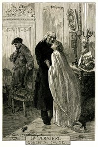 Victor Hugo "The Miserables", "The Last Gorgee of the Chalice". Illustration av Emile Bayard. Den tidigare forcat Jean Valjean blev gammal med Cosette och Marius. Gravyr av upplagan Ollendorff 1906. av Emile Antoine Bayard