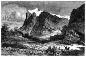 Utsikt över de schweiziska alperna. Illustration av Emile Bayard för boken Les Montagnes d