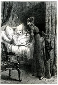 Ung kvinna som tar hand om en gammal man som dör i sin säng under ett krucifix som hänger från väggen. Den döende mannen håller sina sista rekommendationer (vilja) för hand. Gravyr av Emile Bayard som illustrerar Jules Sandeaus bok "Mademoiselle de la Seig av Emile Antoine Bayard