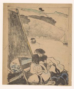 Två bretonska kvinnor och en man på en båt Le return du pardon Breton Women (serietitel) Bretonneries (serietitel) av Émile Bernard (signed by artist)