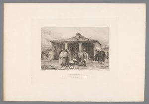 Gruppsoldat i ett läger Metz 8 oktober 1870/ Bivack för isolerade kavallerisoldater på Place Saint Simon i Fort Moselle (titel på objekt) France etsen uit 1875 (serietitel) Etsning 1875 (serietitel) av Emile Boilvin