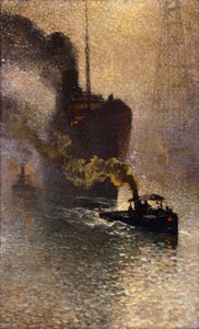 I släp på Themsen i dimman; Escorte sur la Tamise dans le Brouillard - Tagen in Tow on Themsen, 1918 av Emile Claus