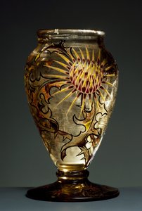 Rökt glasvas med emaljdekorationer, ca 1890, av Emile Galle, Nancy, Frankrike