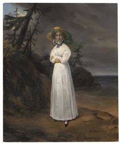 Porträtt av änkan Comtesse Jean-Henri-Louis Greffulhe i ett landskap av Emile Jean Horace Vernet