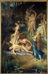 Orphees död. Bacchanterna (eller Menades) lättade mig. Orphee strimlade den i bitar. Målning av Emile Levy (1826 - 1890)