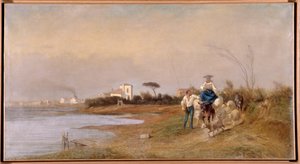 Bönderna från Martigues på väg för promenaden Målning av Emile Loubon (1809-1863) 1800-talet