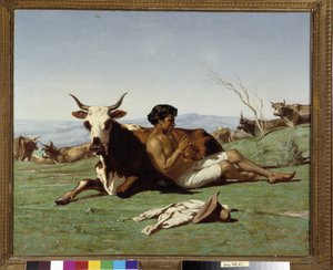 Ung patre spelar flöjt. Målning av Emile Loubon (1809-1863). Obligatoriskt omnämnande: Collection fondation regards de Provence, Marseille
